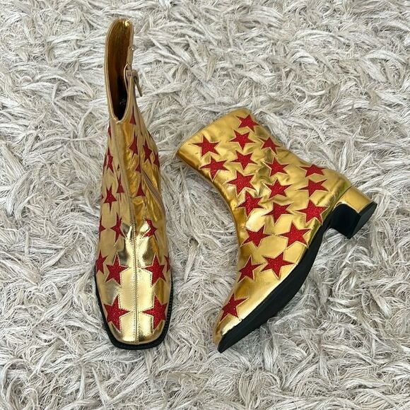 NWOB Jeffrey Campbell On-Mars Star Print Ankle Boots in Gold Red Glitter Sz 5.5 - Picture 6 of 13